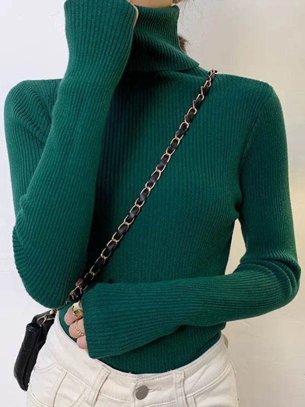 Women's Ribbed Turtleneck Long Sleeve Knit Pullover