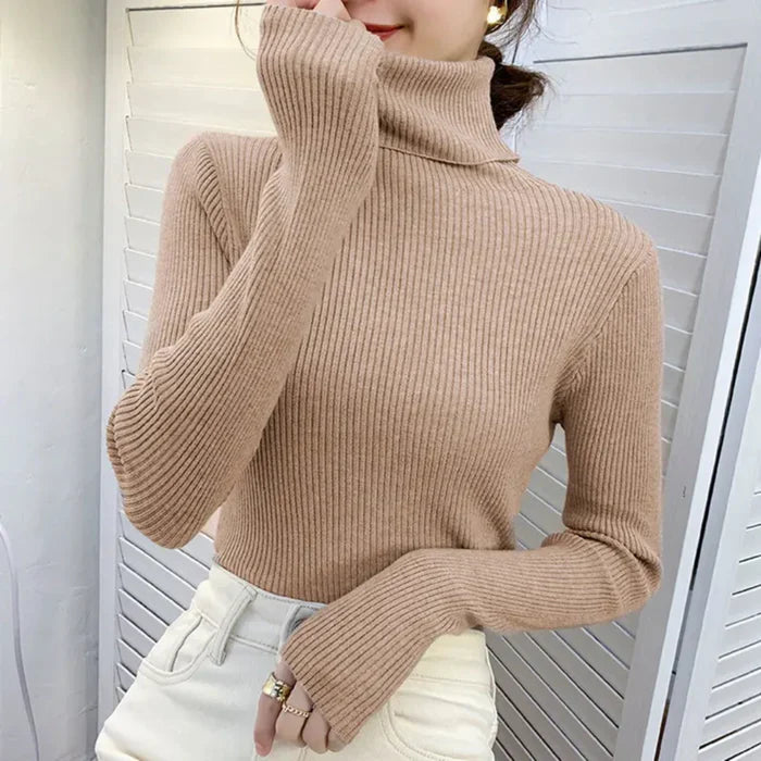 Women's Ribbed Turtleneck Long Sleeve Knit Pullover
