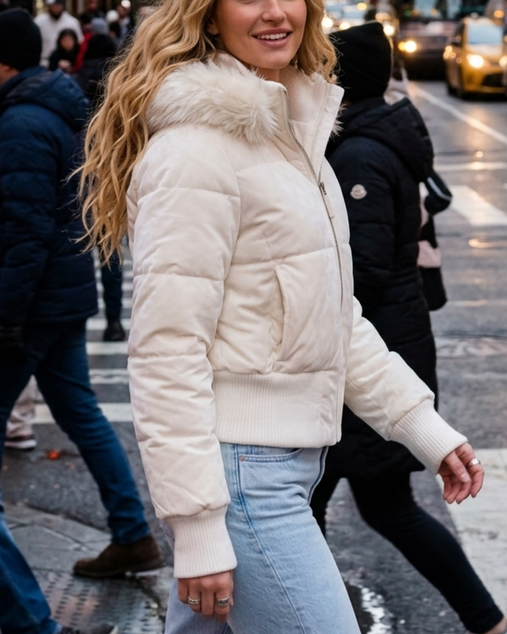 Women's Fleece Puffer Jacket Faux Fur Hood