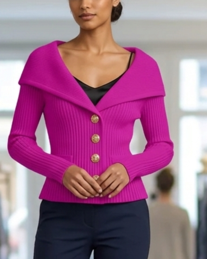 Off-The-Shoulder Ribbed Knit Cardigan Women's Button Fitted Jacket