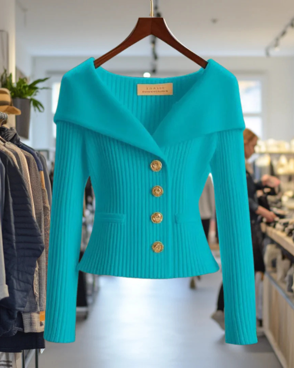 Off-The-Shoulder Ribbed Knit Cardigan Women's Button Fitted Jacket