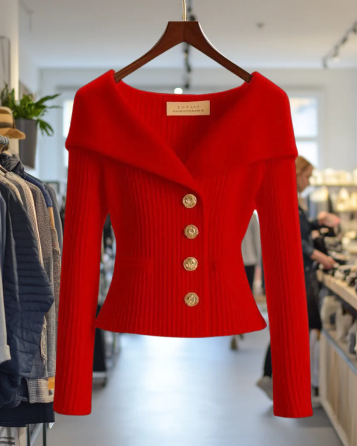 Off-The-Shoulder Ribbed Knit Cardigan Women's Button Fitted Jacket