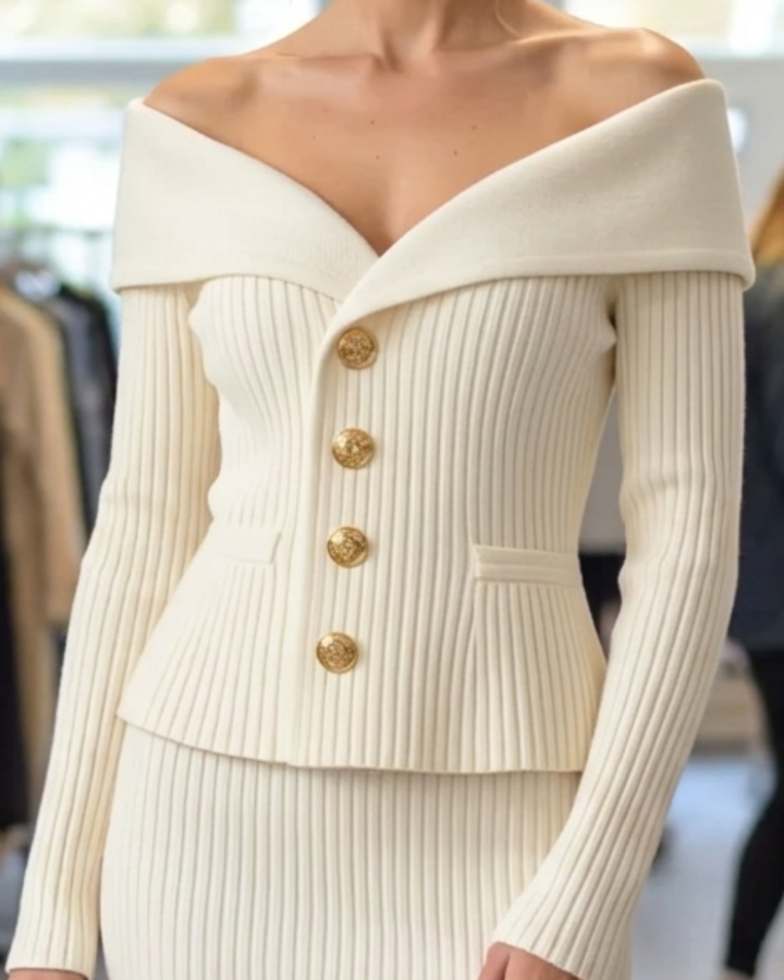 Off-The-Shoulder Ribbed Knit Cardigan Women's Button Fitted Jacket