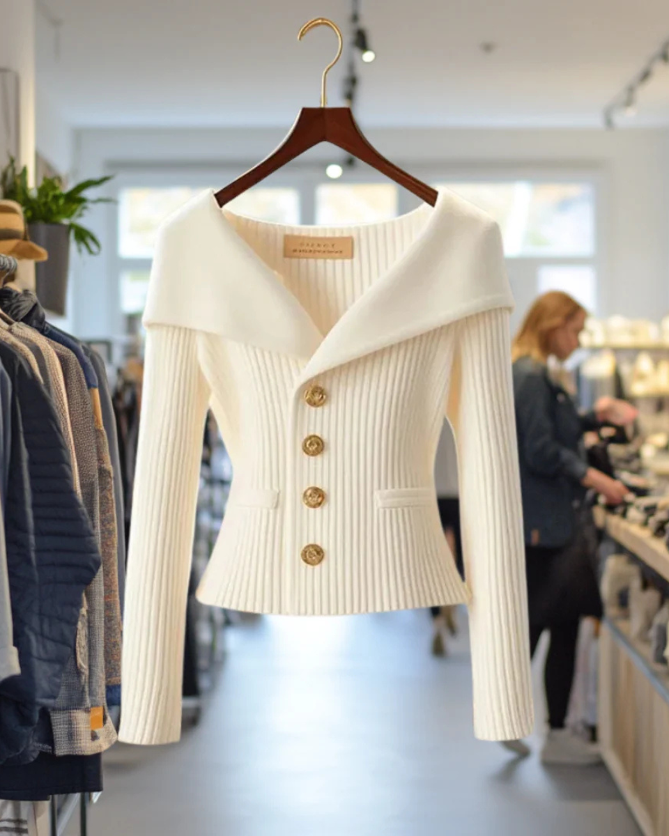 Off-The-Shoulder Ribbed Knit Cardigan Women's Button Fitted Jacket