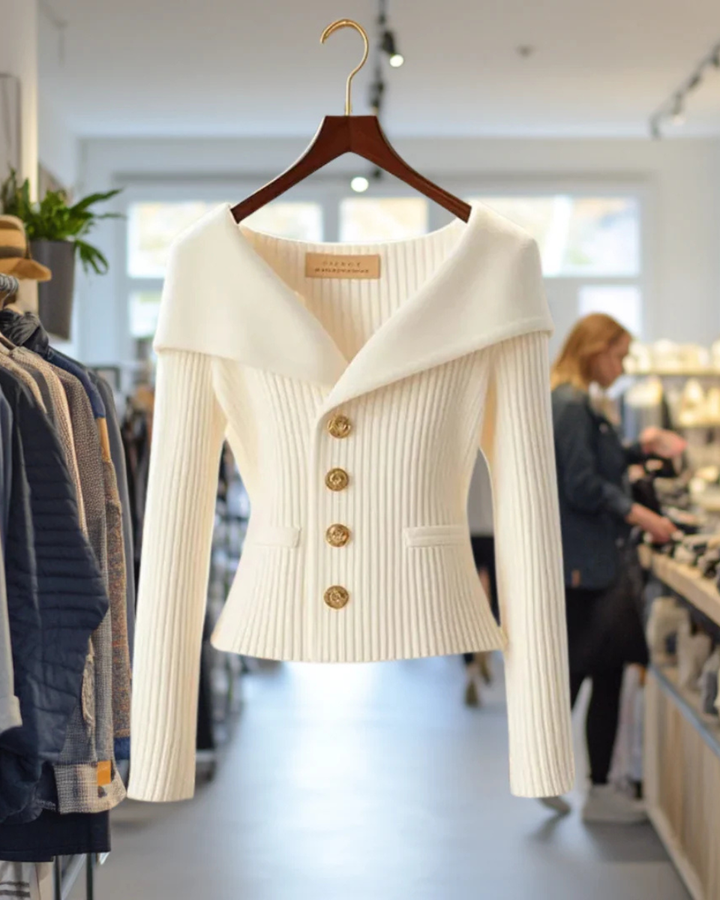 Off-The-Shoulder Ribbed Knit Cardigan Women's Button Fitted Jacket