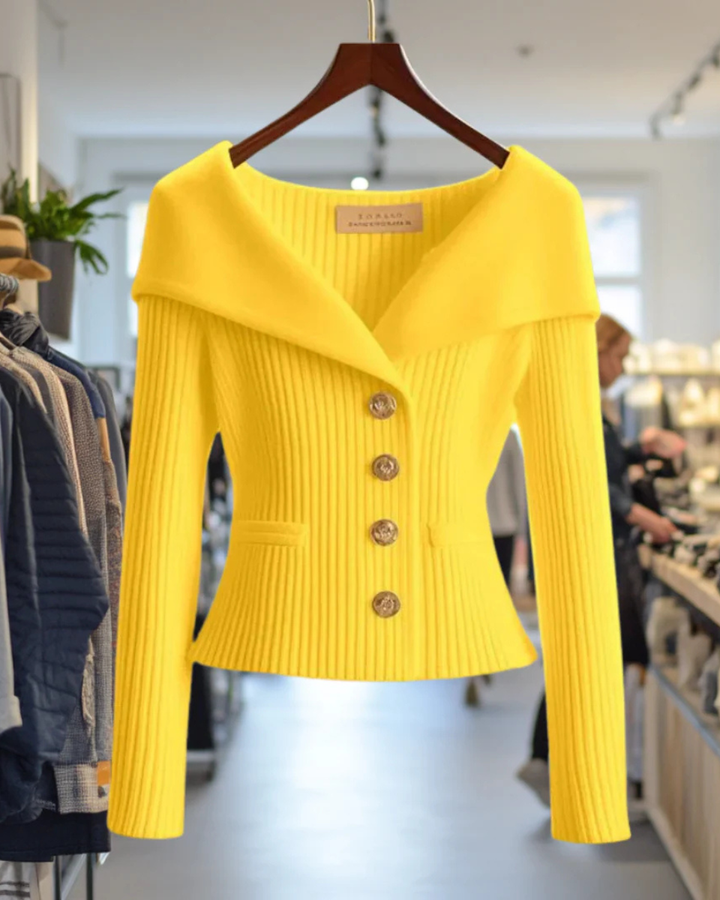 Off-The-Shoulder Ribbed Knit Cardigan Women's Button Fitted Jacket