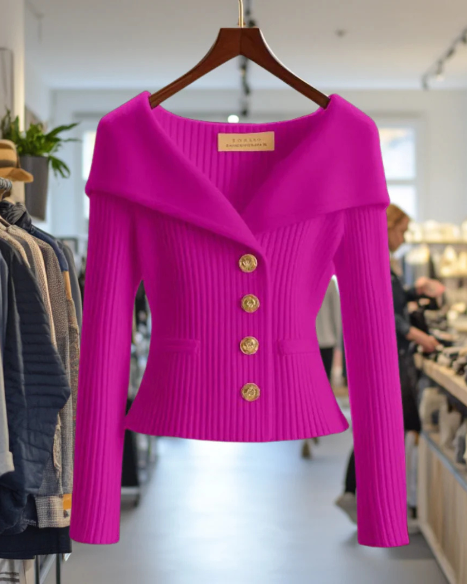 Off-The-Shoulder Ribbed Knit Cardigan Women's Button Fitted Jacket