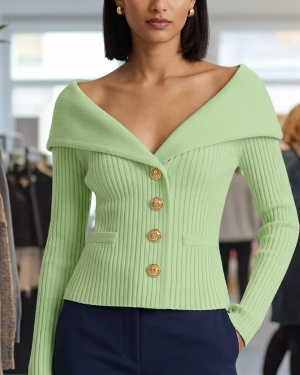 Off-The-Shoulder Ribbed Knit Cardigan Women's Button Fitted Jacket