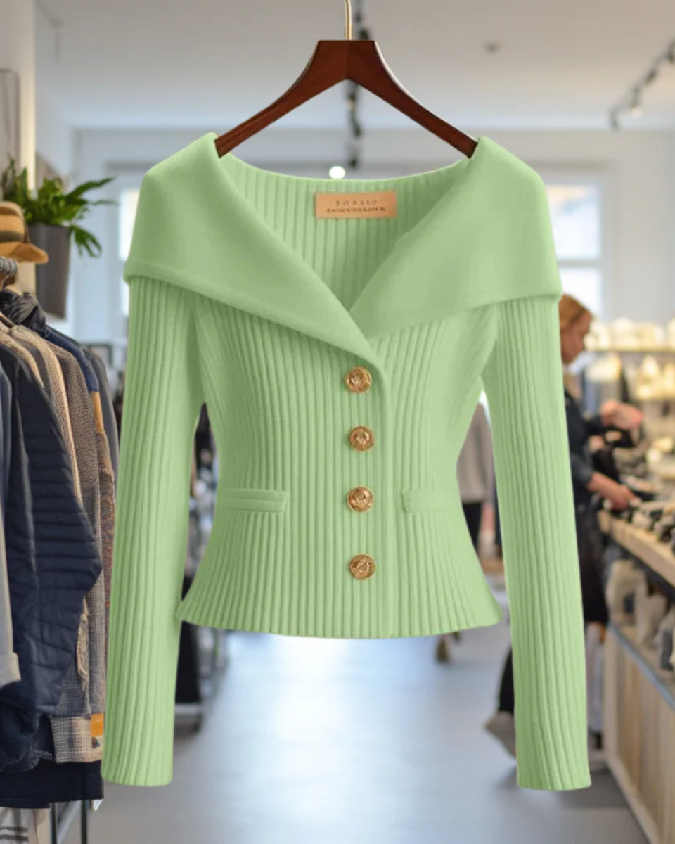 Off-The-Shoulder Ribbed Knit Cardigan Women's Button Fitted Jacket
