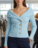 Off-The-Shoulder Ribbed Knit Cardigan Women's Button Fitted Jacket
