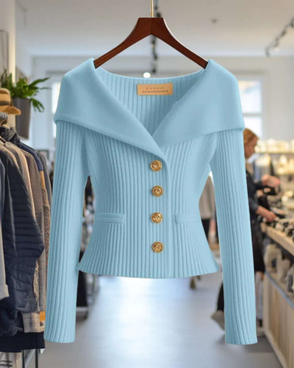 Off-The-Shoulder Ribbed Knit Cardigan Women's Button Fitted Jacket