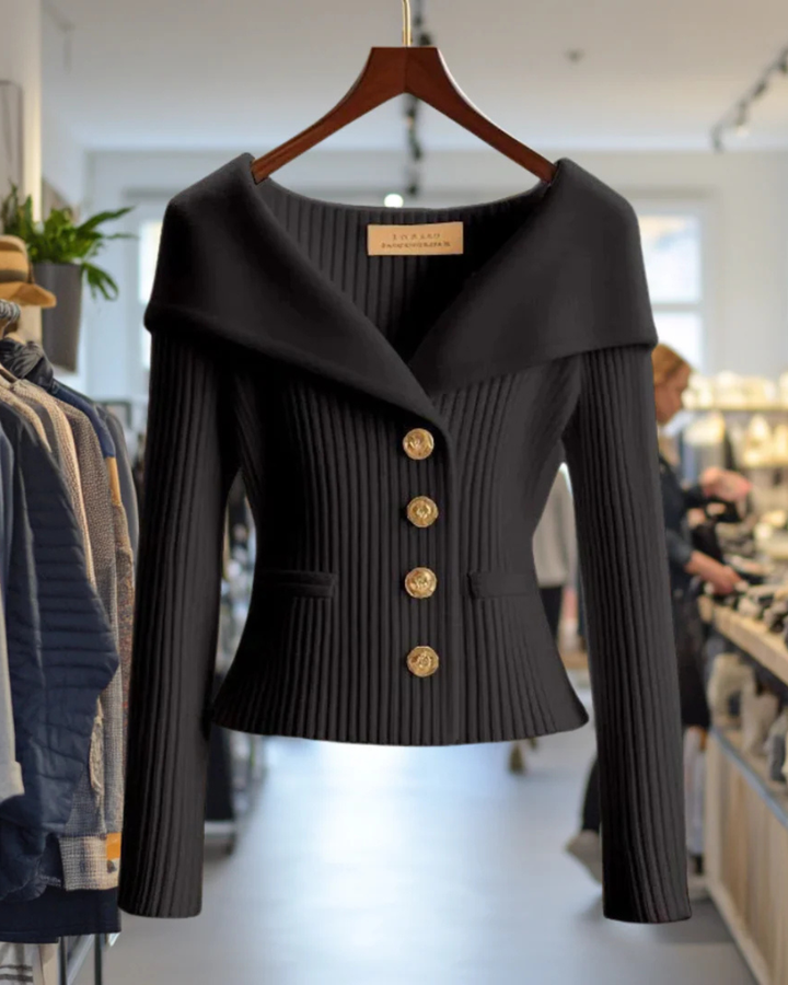 Off-The-Shoulder Ribbed Knit Cardigan Women's Button Fitted Jacket