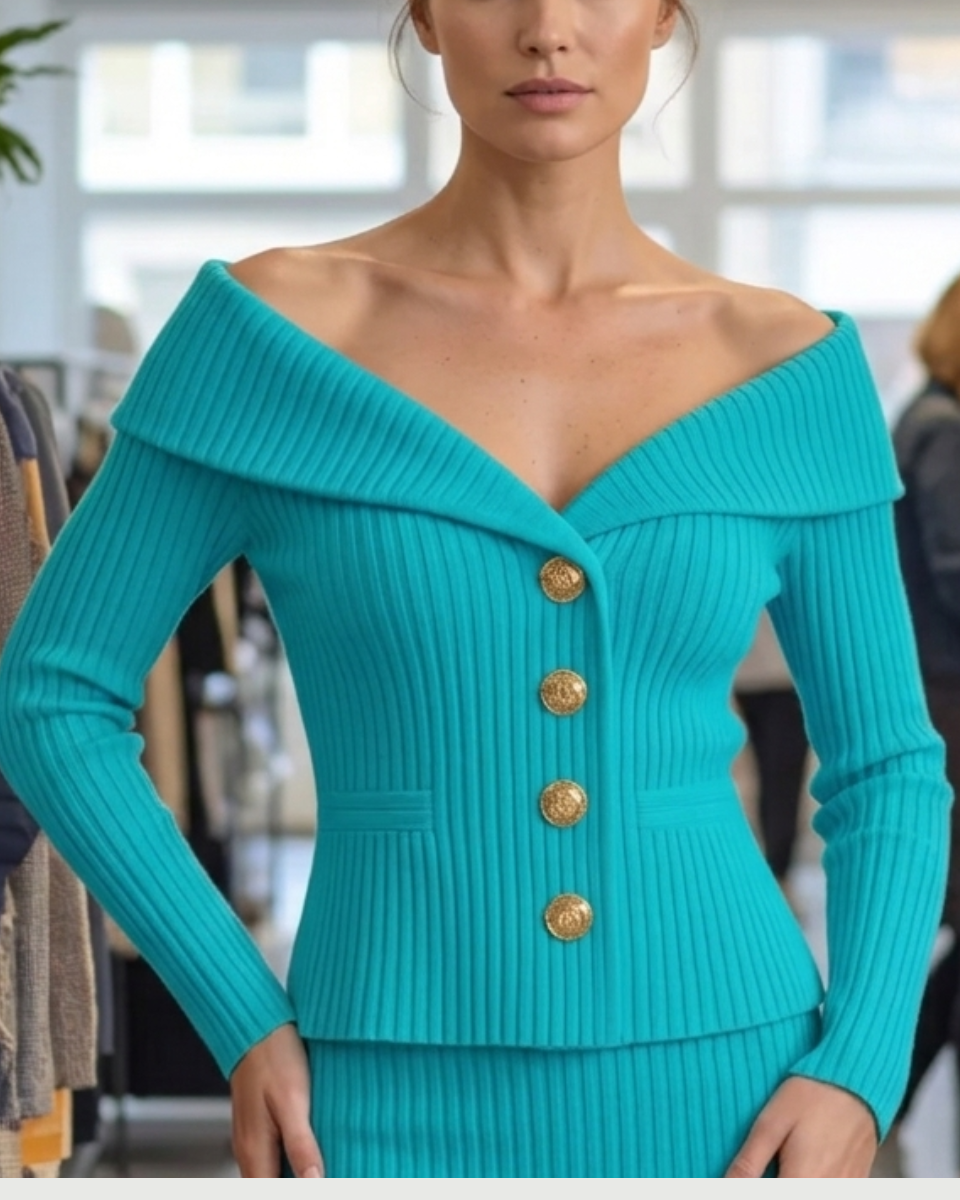 Off-The-Shoulder Ribbed Knit Cardigan Women's Button Fitted Jacket