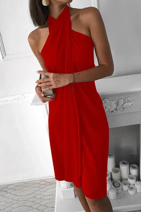 Women's Silk-Blend Halter Neck Draped Bodycon Mini Dress