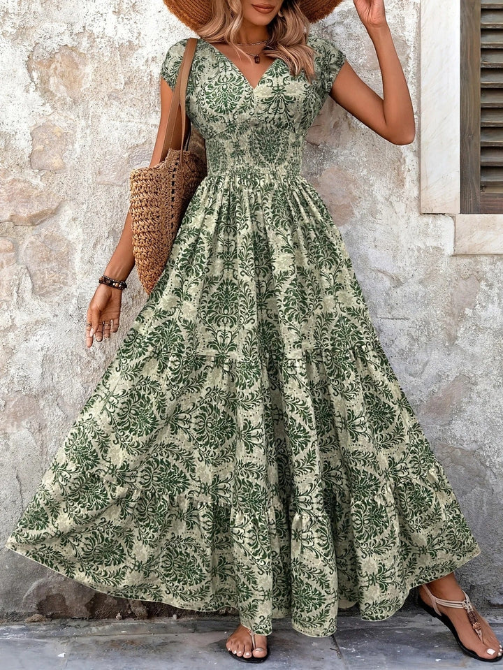 Γυναικείο Μάξι Φόρεμα Boho από Λινό με Λουλουδάτο Σχέδιο, V-Λαιμόκοψη και Κοντό Μανίκι