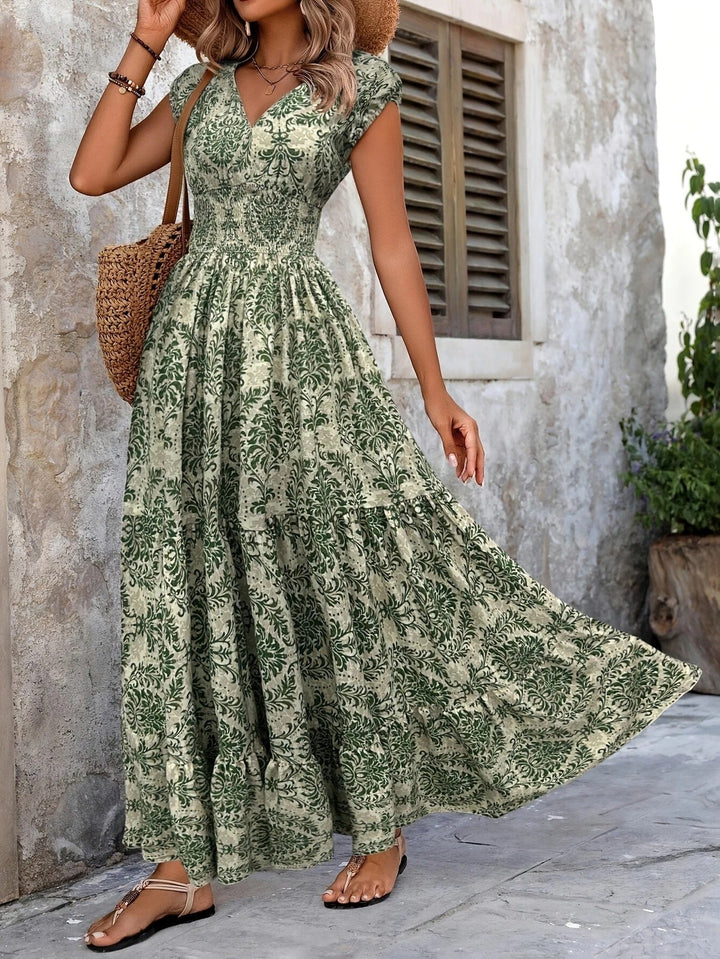 Γυναικείο Μάξι Φόρεμα Boho από Λινό με Λουλουδάτο Σχέδιο, V-Λαιμόκοψη και Κοντό Μανίκι