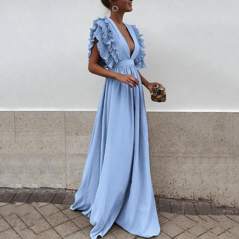 Women's V-Neck Ruffle Linen Maxi Dress