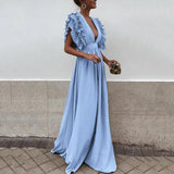 Women's V-Neck Ruffle Linen Maxi Dress