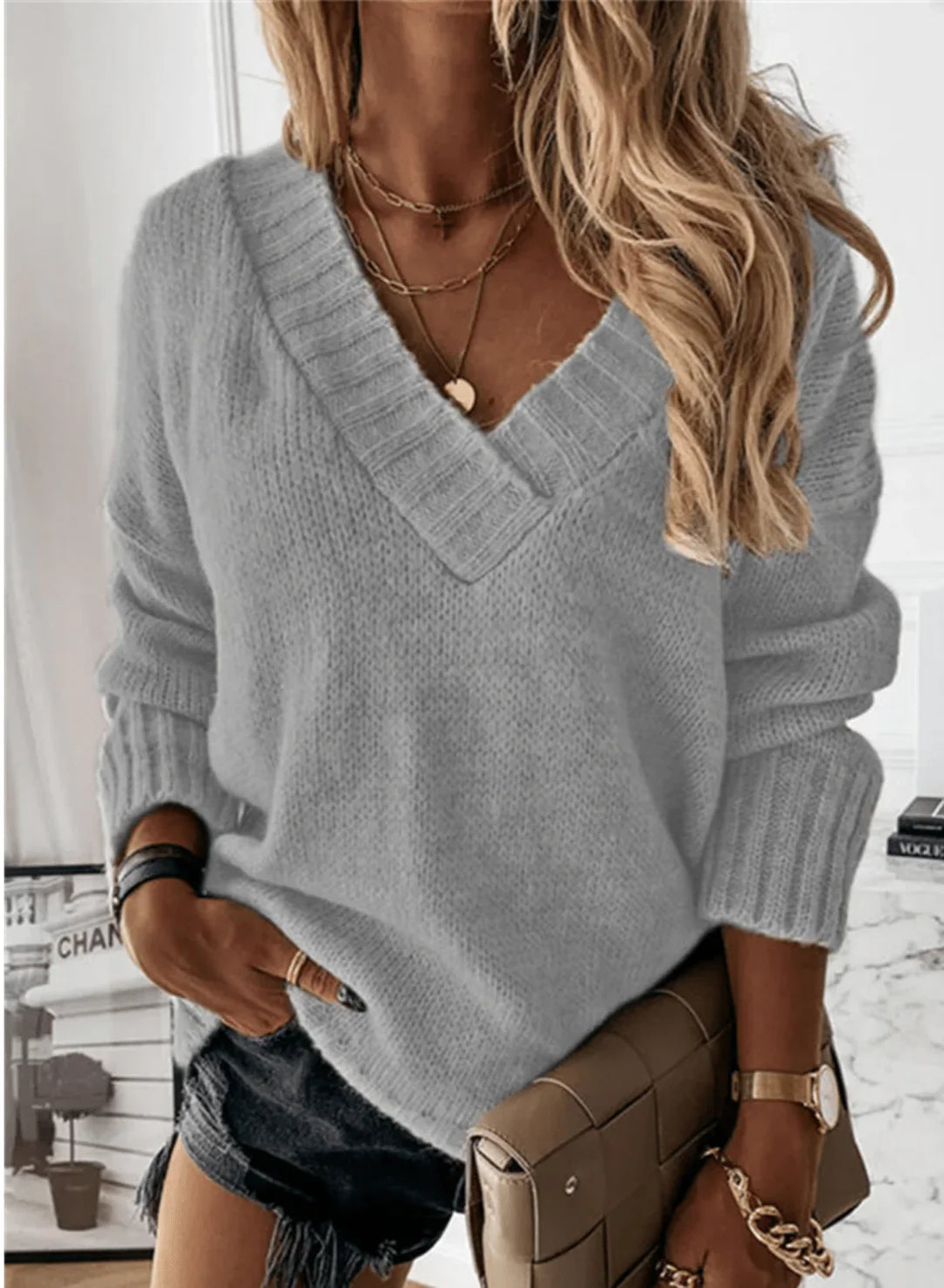 Women's Oversized V-Neck Knit Pullover Sweater