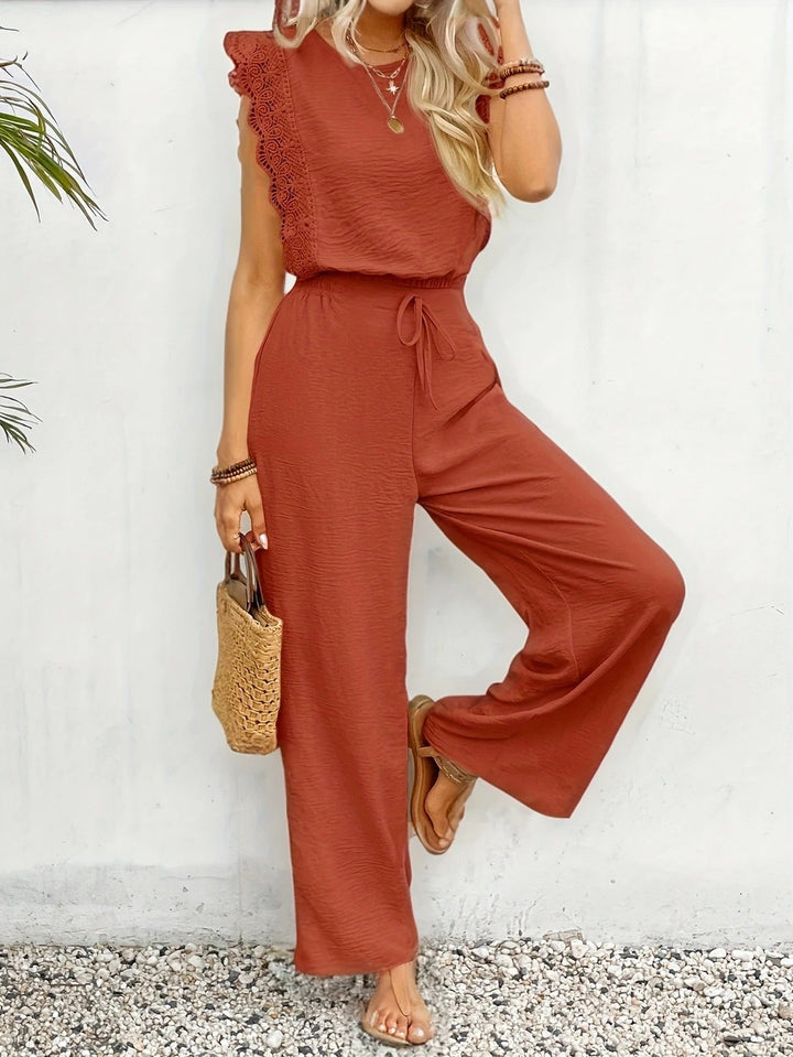 Women's Linen Lace Cap-Sleeve Top & Wide-Leg Pants Set