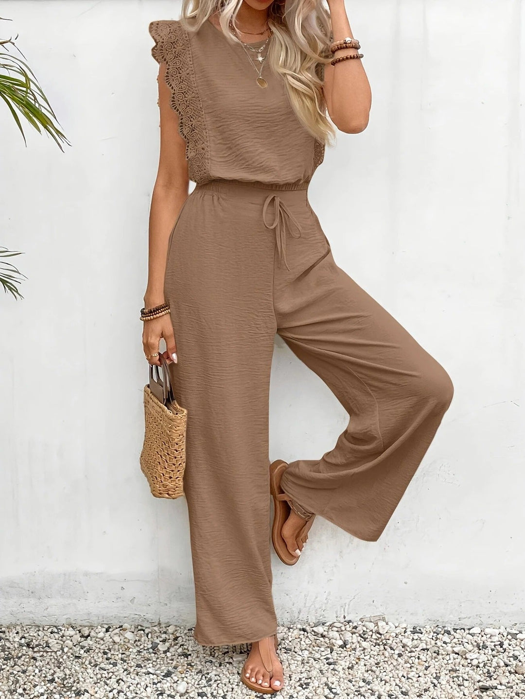 Women's Linen Lace Cap-Sleeve Top & Wide-Leg Pants Set