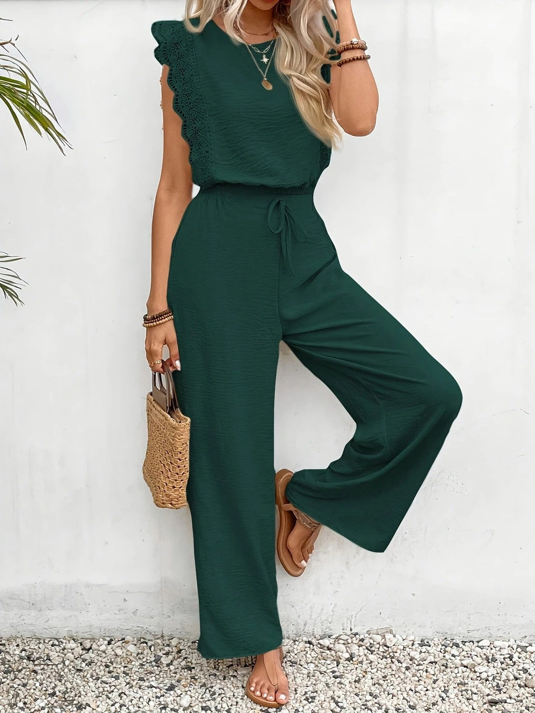 Women's Linen Lace Cap-Sleeve Top & Wide-Leg Pants Set