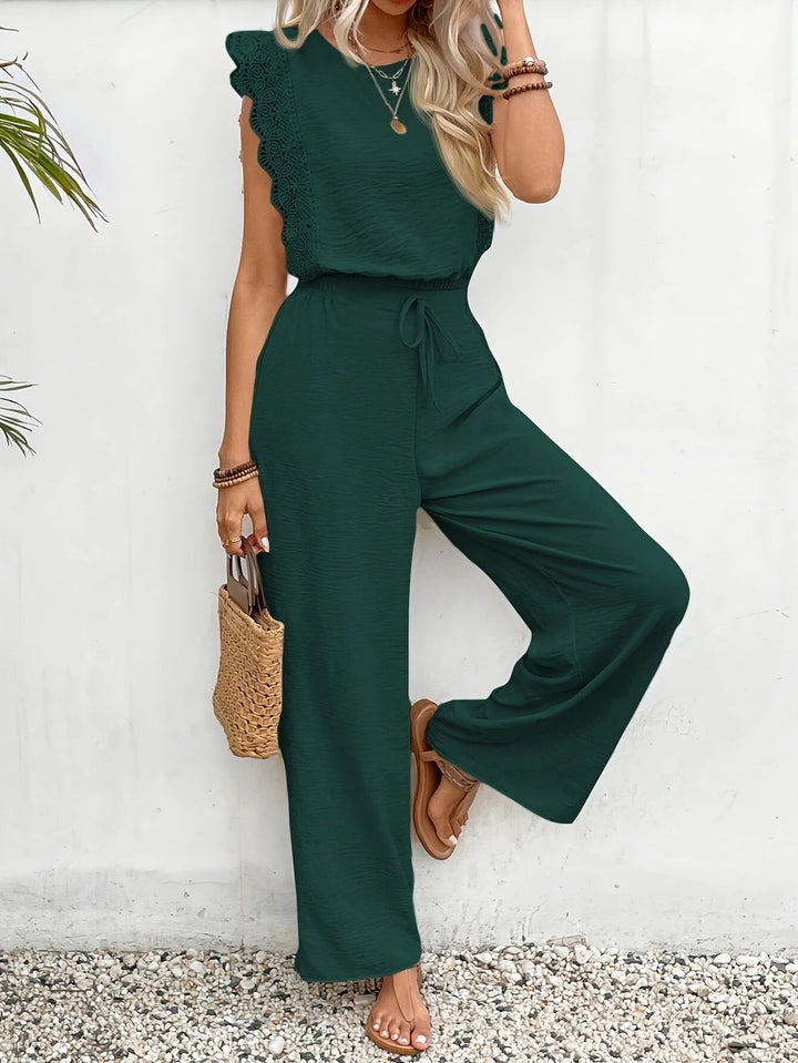 Women's Linen Lace Cap-Sleeve Top & Wide-Leg Pants Set