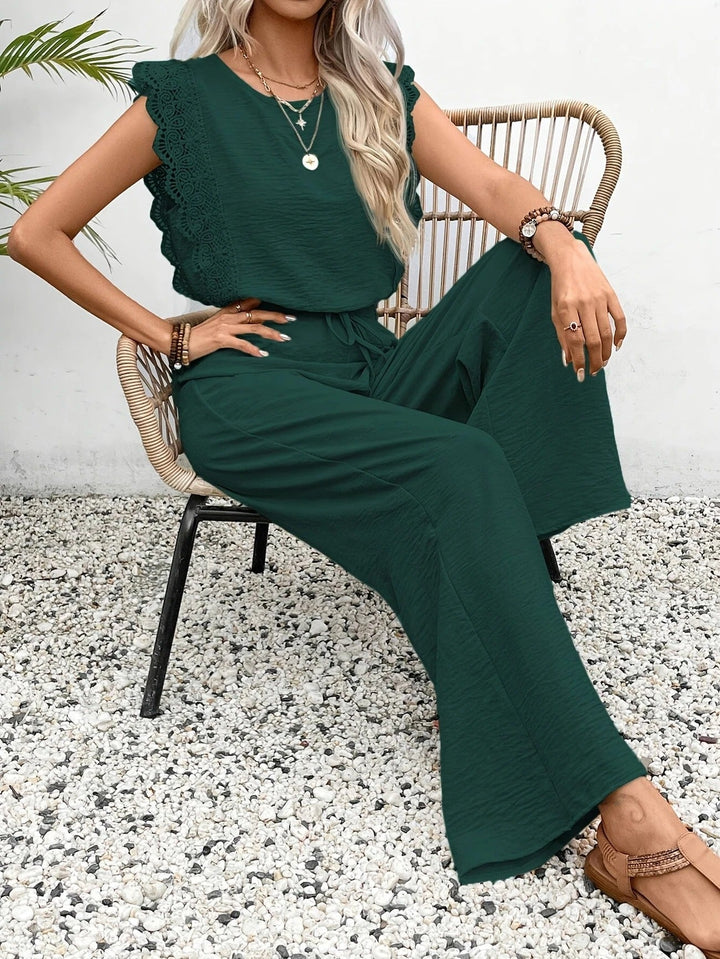 Women's Linen Lace Cap-Sleeve Top & Wide-Leg Pants Set
