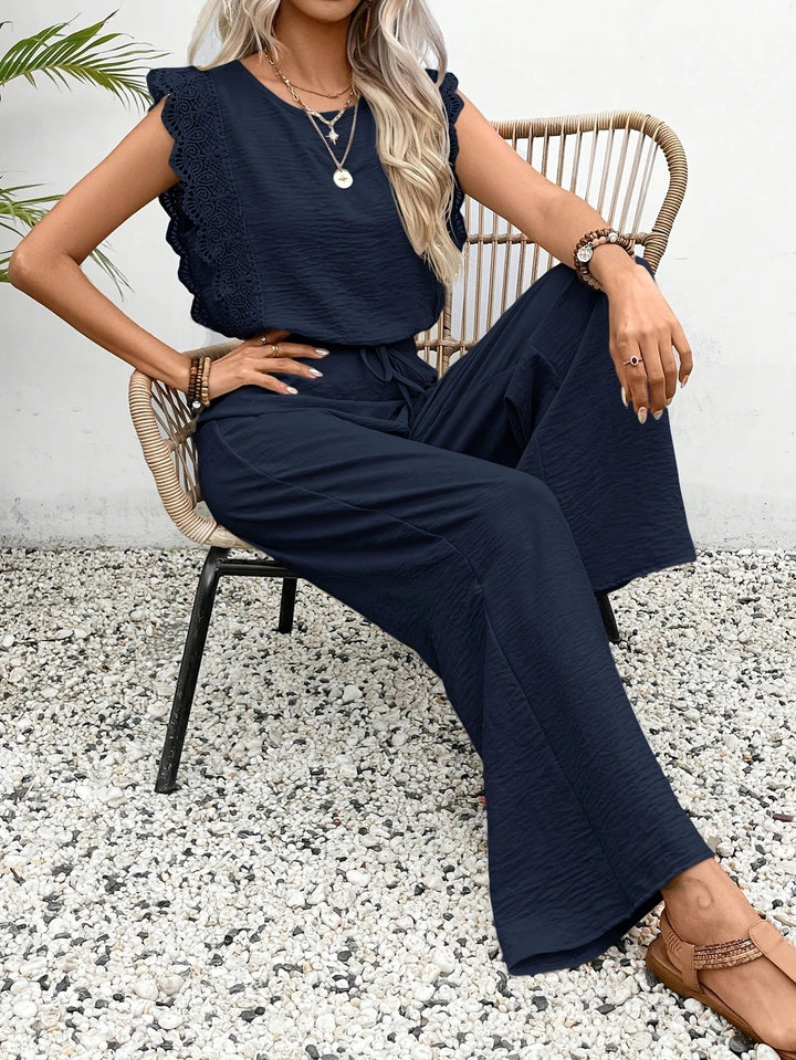Women's Linen Lace Cap-Sleeve Top & Wide-Leg Pants Set