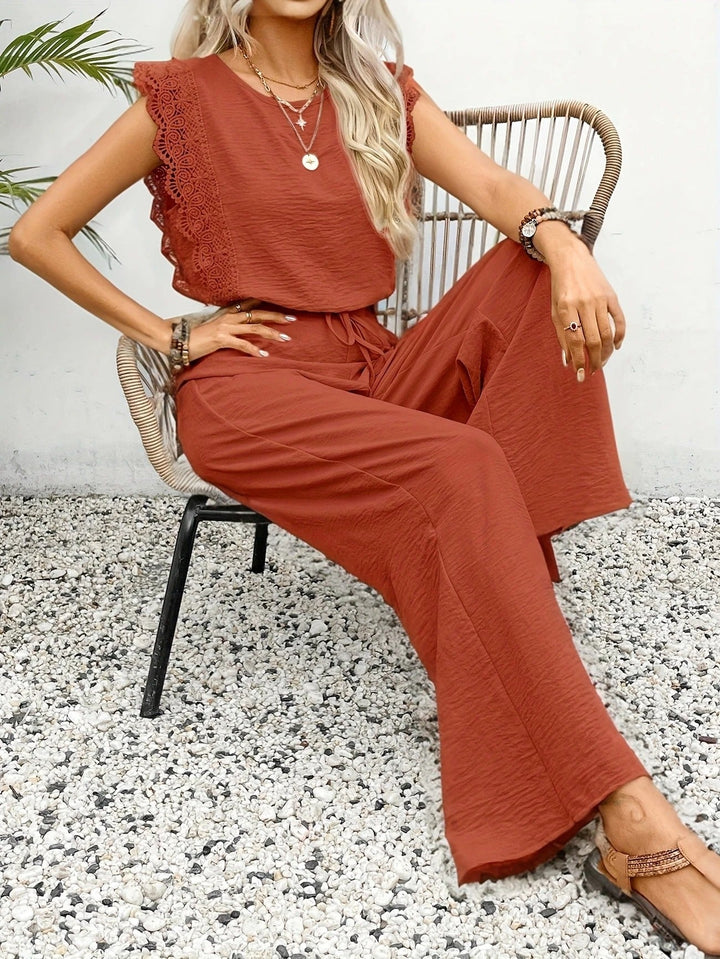 Women's Linen Lace Cap-Sleeve Top & Wide-Leg Pants Set