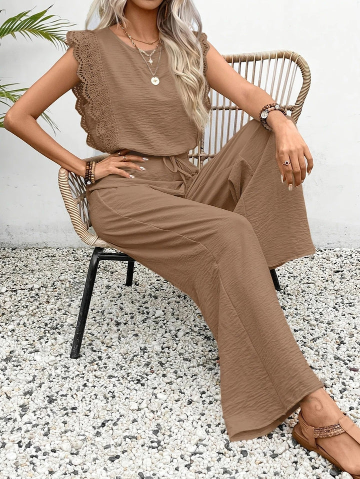 Women's Linen Lace Cap-Sleeve Top & Wide-Leg Pants Set