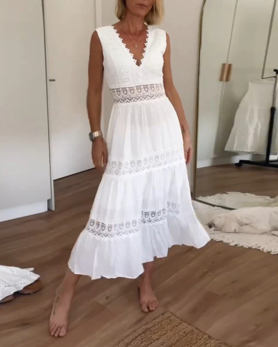 Linen V-Neck Sleeveless Crochet Women Midi Dress