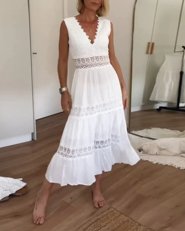 Linen V-Neck Sleeveless Crochet Women Midi Dress