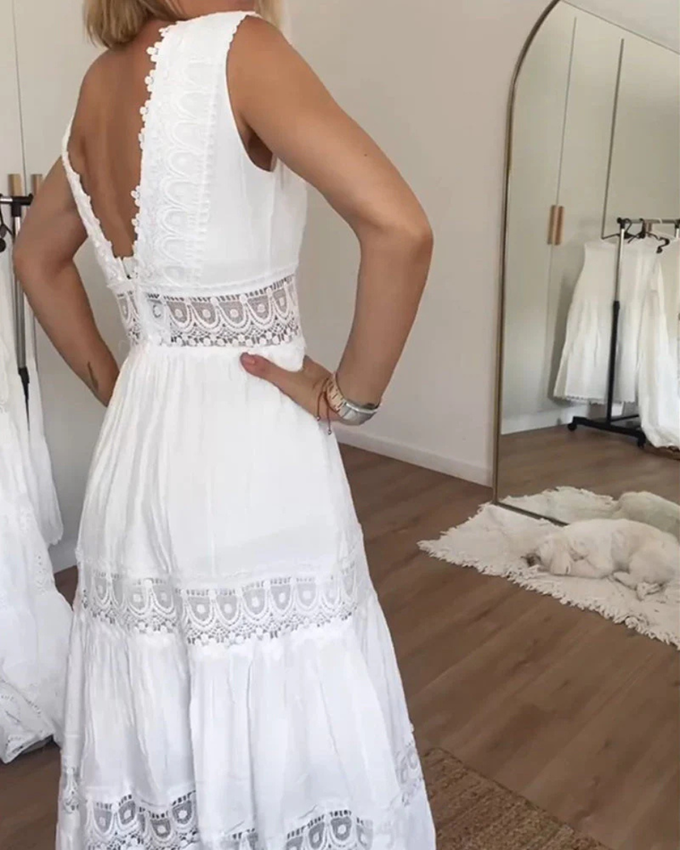 Linen V-Neck Sleeveless Crochet Women Midi Dress