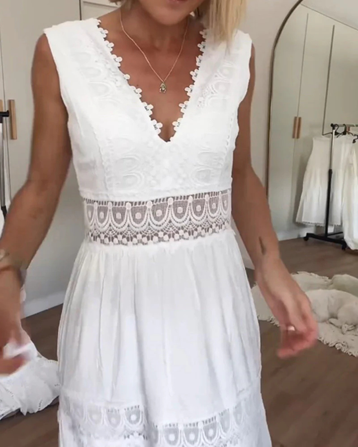 Linen V-Neck Sleeveless Crochet Women Midi Dress