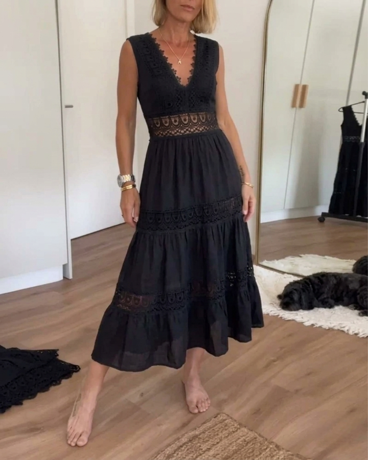 Linen V-Neck Sleeveless Crochet Women Midi Dress