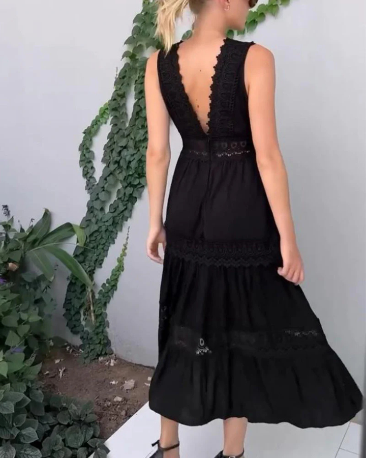 Linen V-Neck Sleeveless Crochet Women Midi Dress