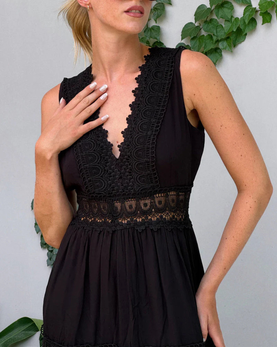 Linen V-Neck Sleeveless Crochet Women Midi Dress
