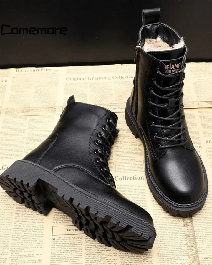 Women's Leather Combat Boots Fleece Lined Ankle Shoes