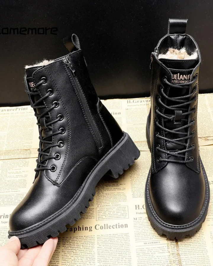 Women's Leather Combat Boots Fleece Lined Ankle Shoes