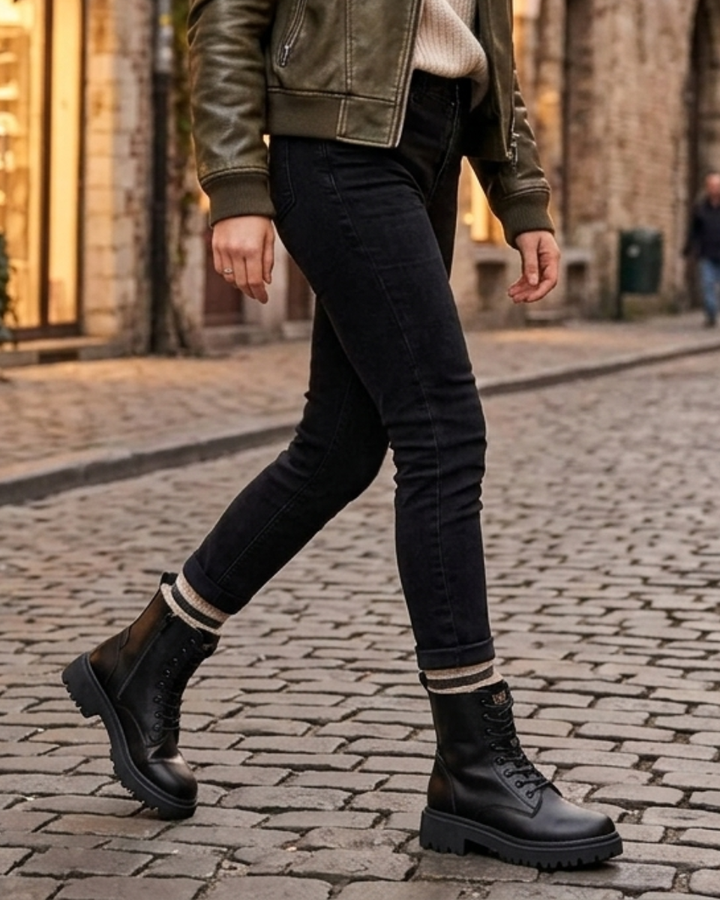 Women's Leather Combat Boots Fleece Lined Ankle Shoes