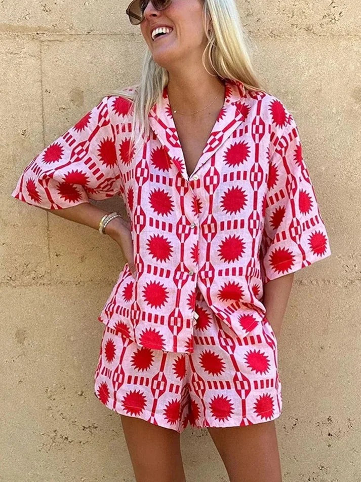 Women's Linen Blend Geo Print Shirt & Shorts Set Two Piece Outfit