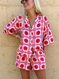 Women's Linen Blend Geo Print Shirt & Shorts Set Two Piece Outfit
