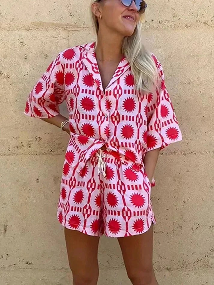 Women's Linen Blend Geo Print Shirt & Shorts Set Two Piece Outfit
