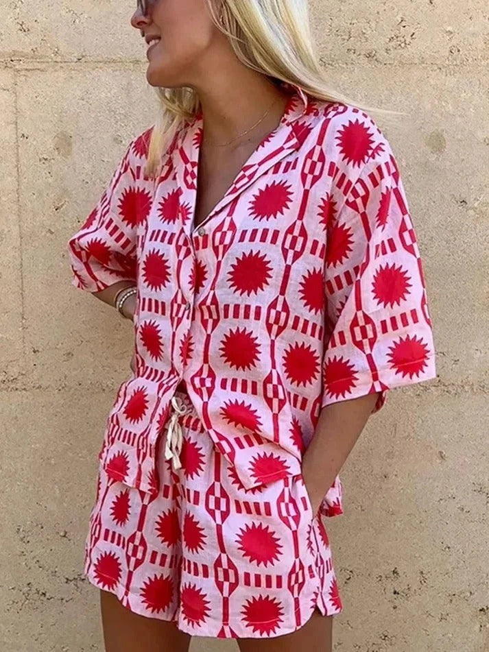 Women's Linen Blend Geo Print Shirt & Shorts Set Two Piece Outfit