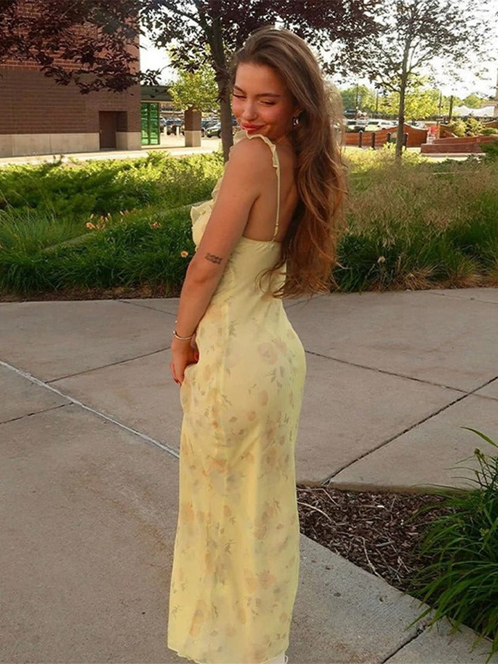 Women's Chiffon Floral Print Sleeveless V-Neck Maxi Slip Dress