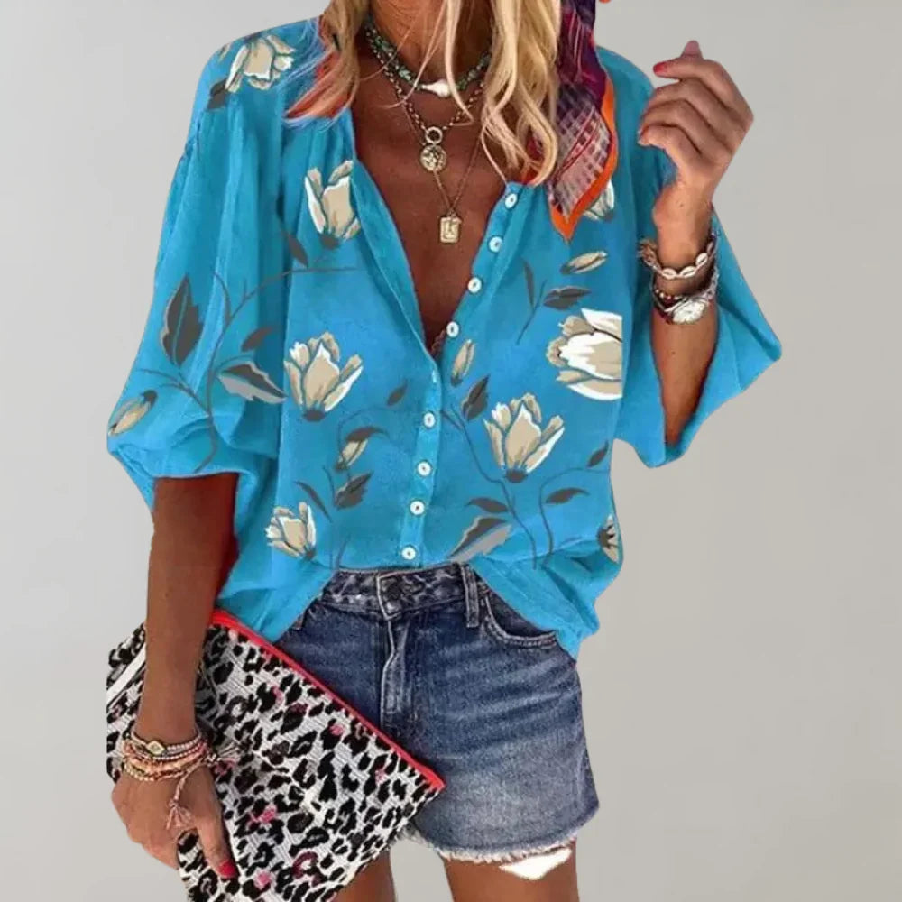 Women's Loose Floral Print Linen V Neck Long Sleeve Blouse