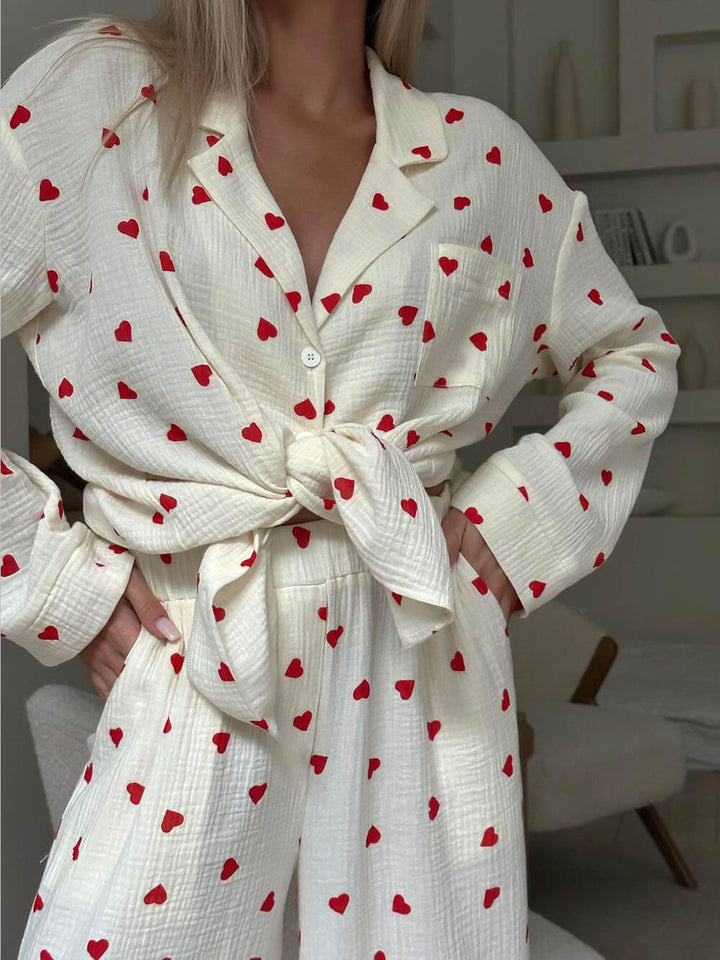 Women's Heart-Print Knit Button-Down Pajama Set
