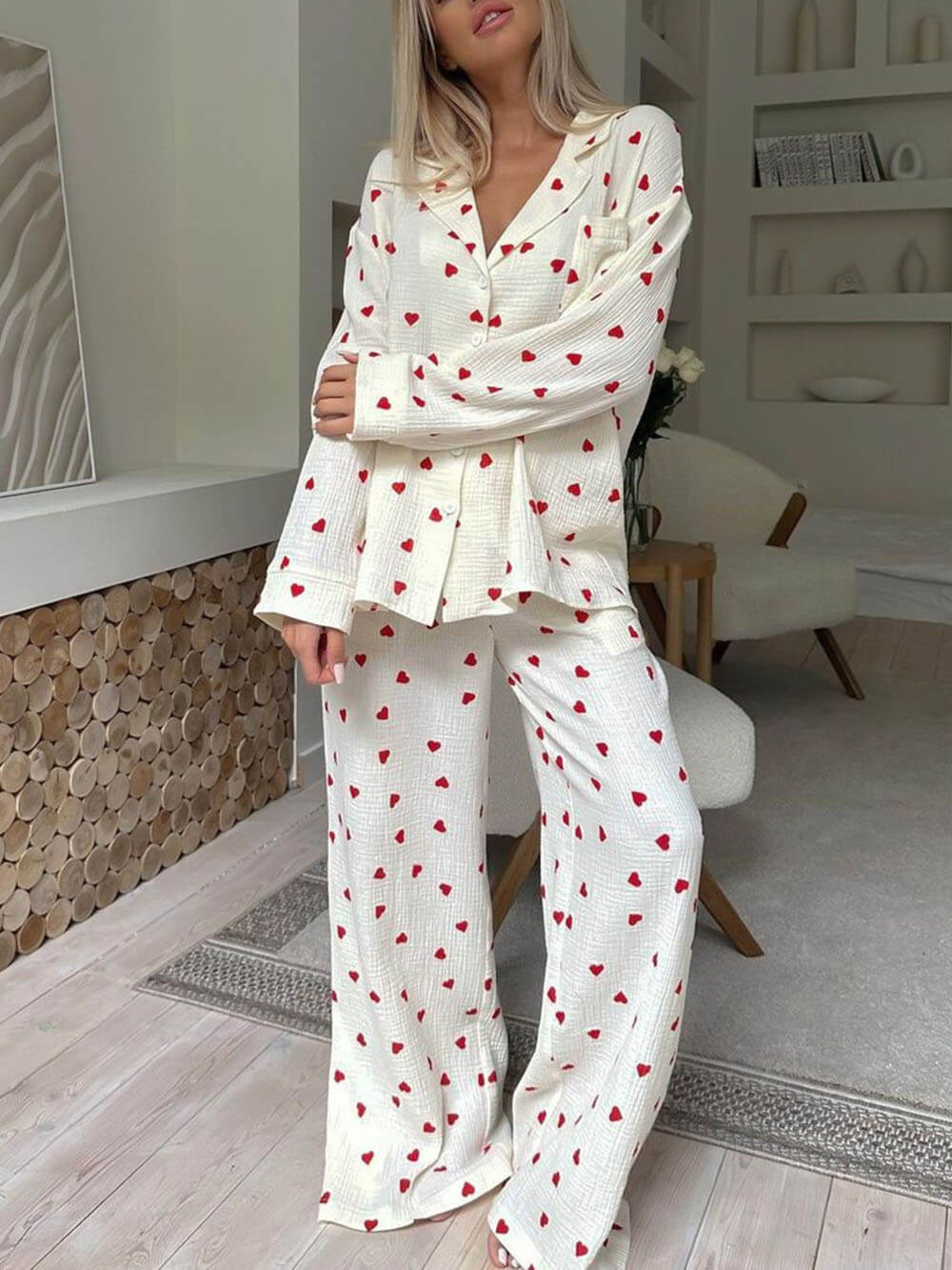 Women's Heart-Print Knit Button-Down Pajama Set