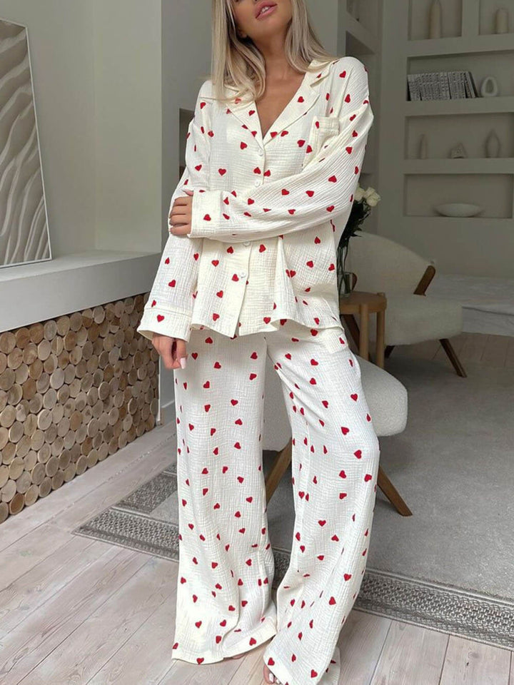 Women's Heart-Print Knit Button-Down Pajama Set